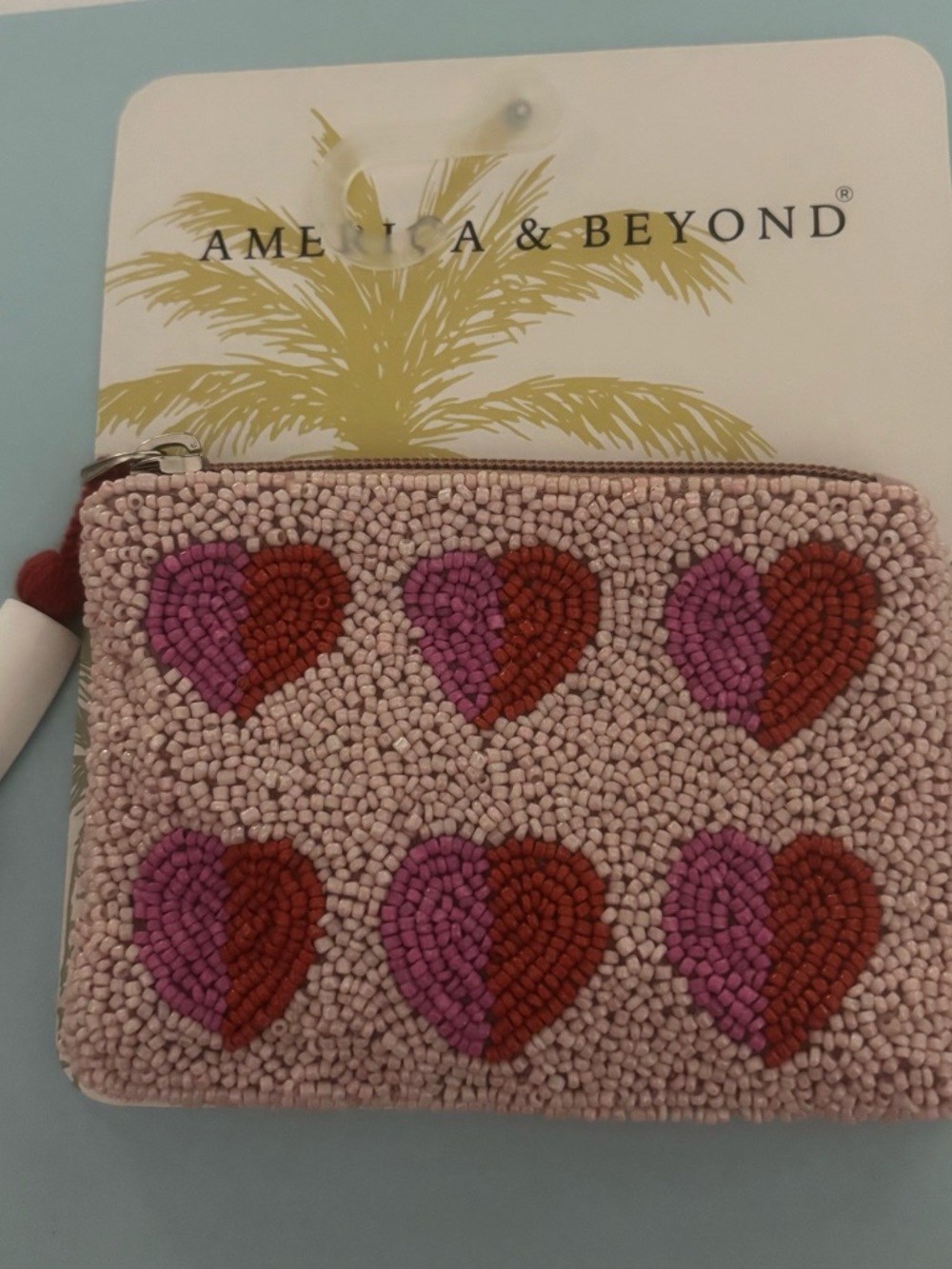 America & Beyond Pink Beaded Heart Card & Key Holder